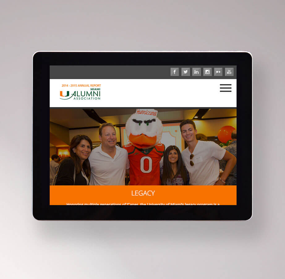 University of Miami Alumni Association website displayed on a tablet