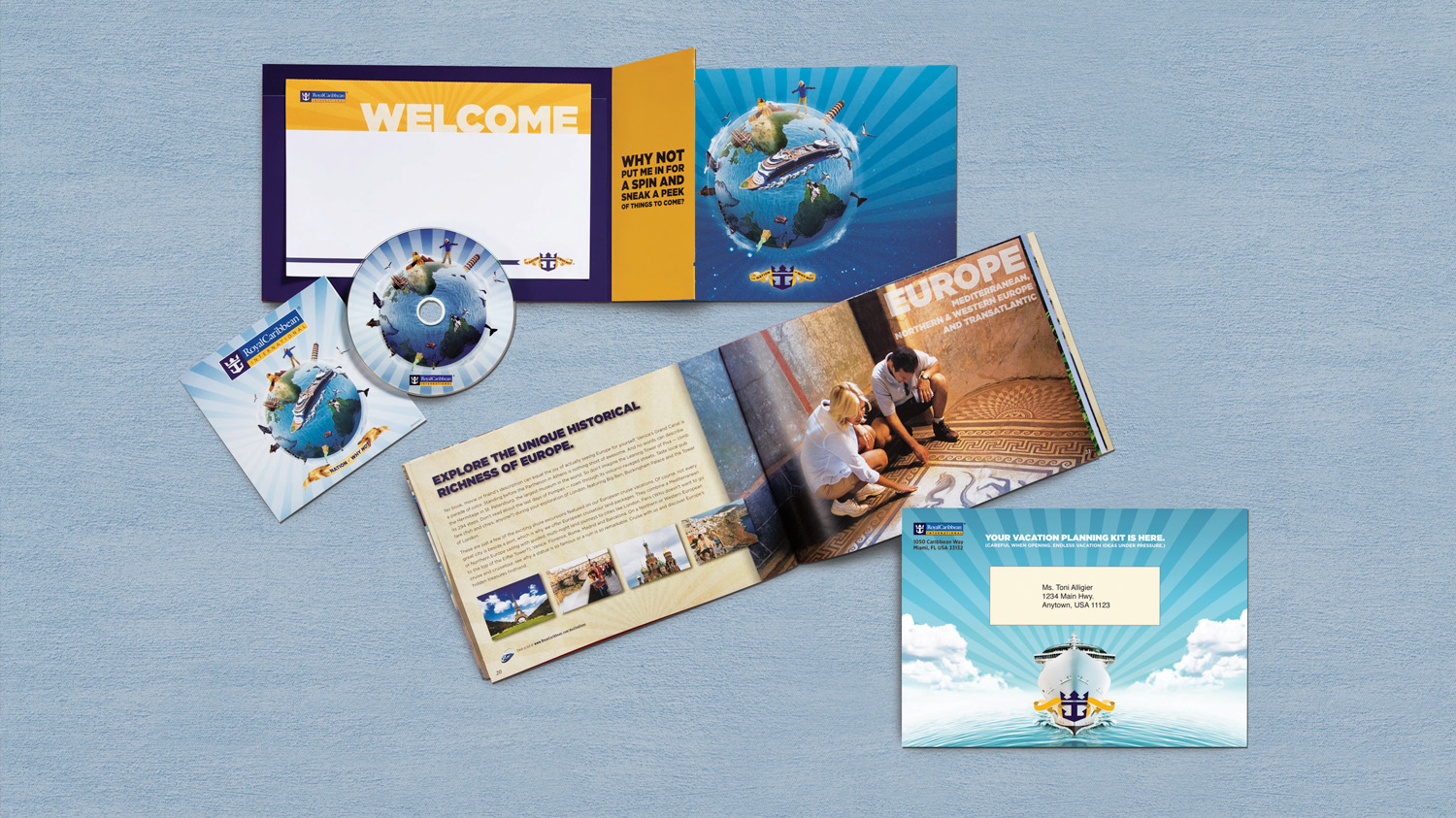 Collage of print work done for Royal Caribbean