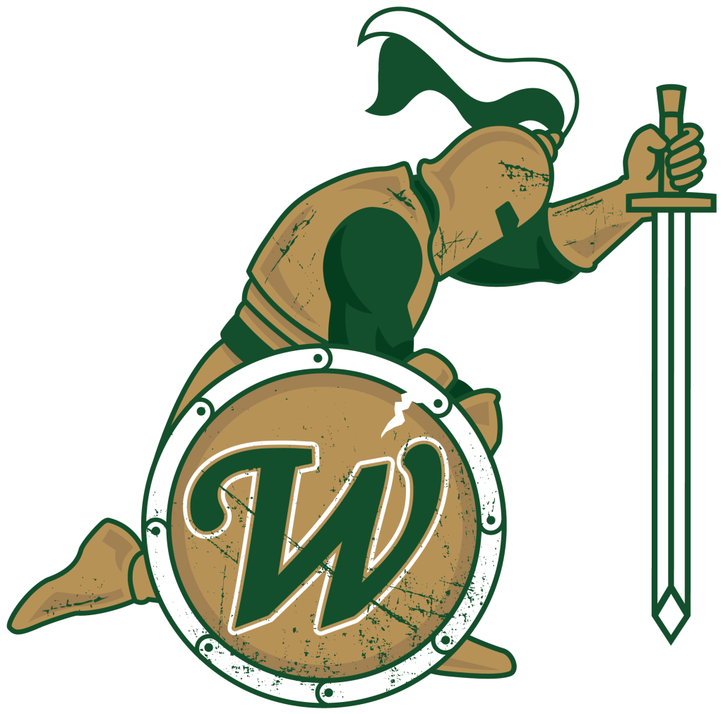 Westminster Christian School logo mascot, Warrior, on his knees